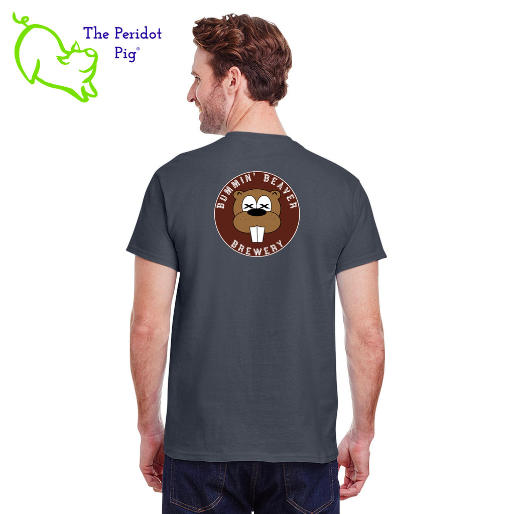 A traditional uni-sex fitting t-shirt. The Bummin' Beaver Brewery logo is on the front and back. Back view in charcoal.