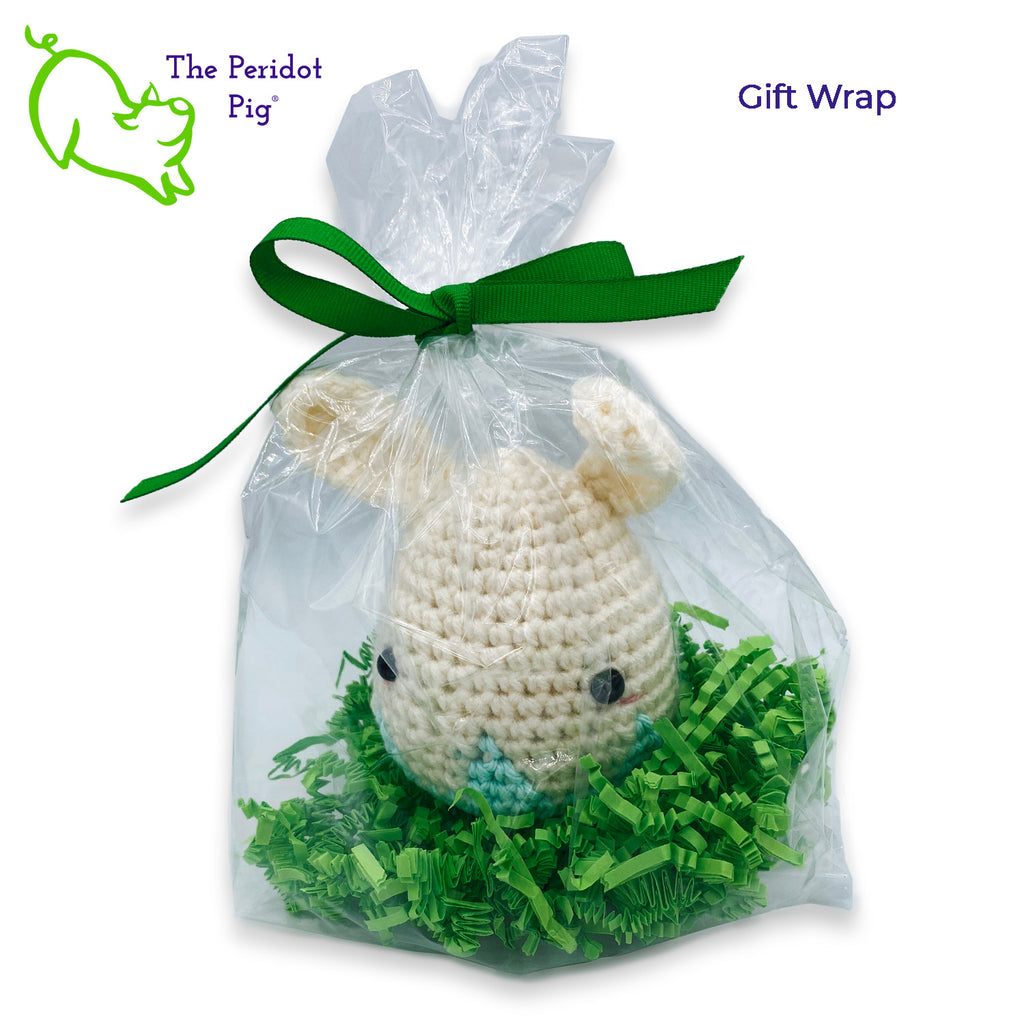 Who knew that Easter Bunnies came from eggs?? We have three styles to choose from. The bunnies are all a soft natural color and the egg remnants are available in blue, pink or green. Front view shown in blue gift wrapped.