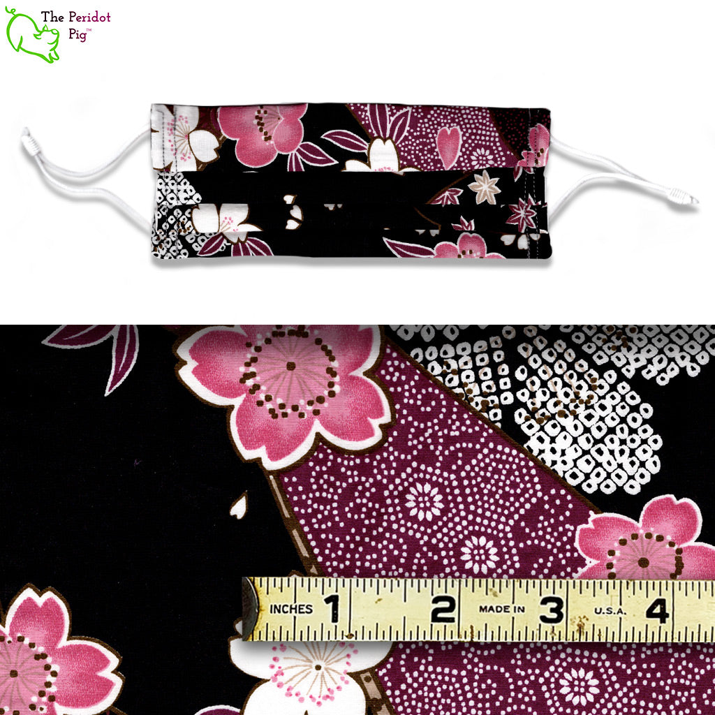 The Asian Floral pattern features cherry blossoms in pink and white with graphic patterns all set on a black background.