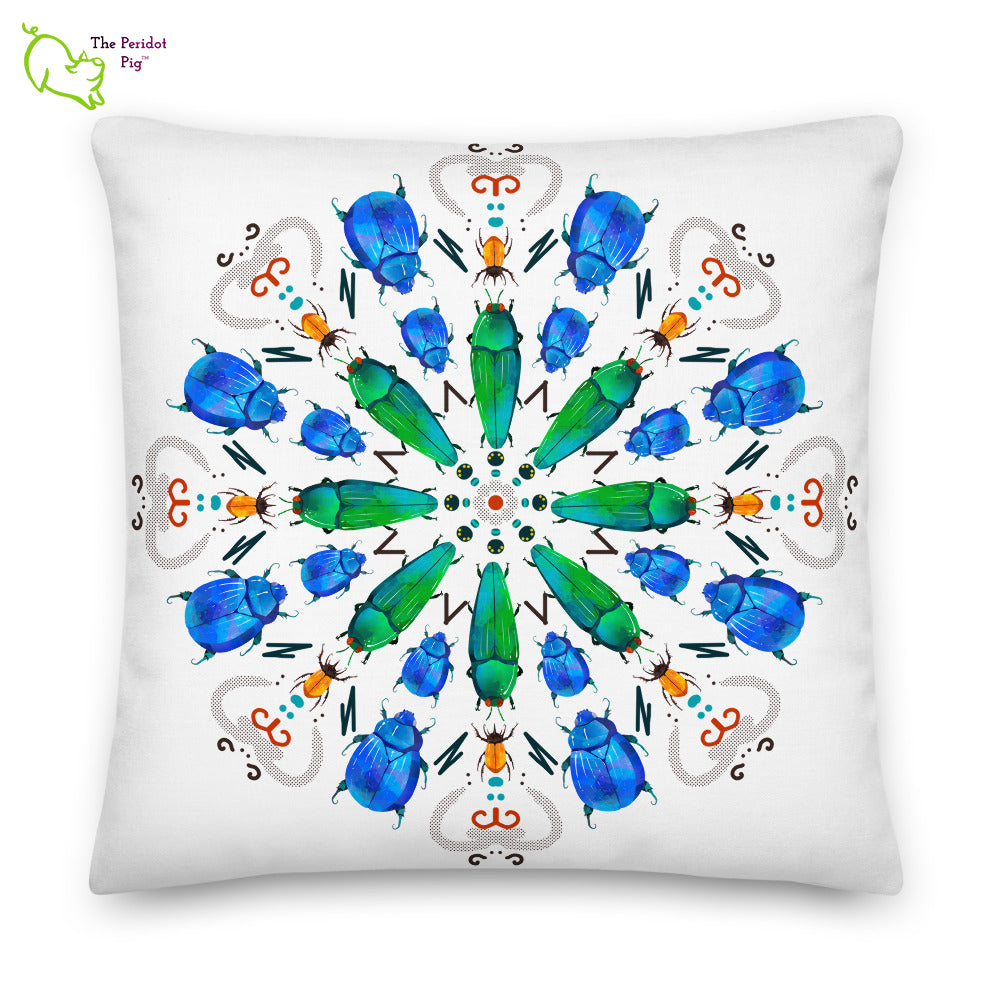 A colorful mandala of beetles graces this white pillow and is availble in either 18"x18" or 22"x22" sizes. The image is printed on both the front and back. The center beetles have shades of bright green.  The smaller beetles are blue and orange. 22" front view shown.