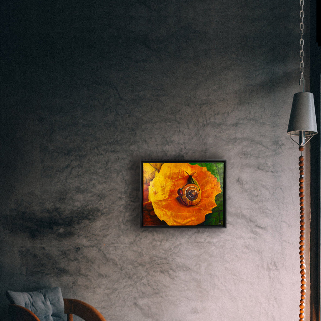 Mockup image of the painting, Snail and the Lady Bug, on a gray wall
