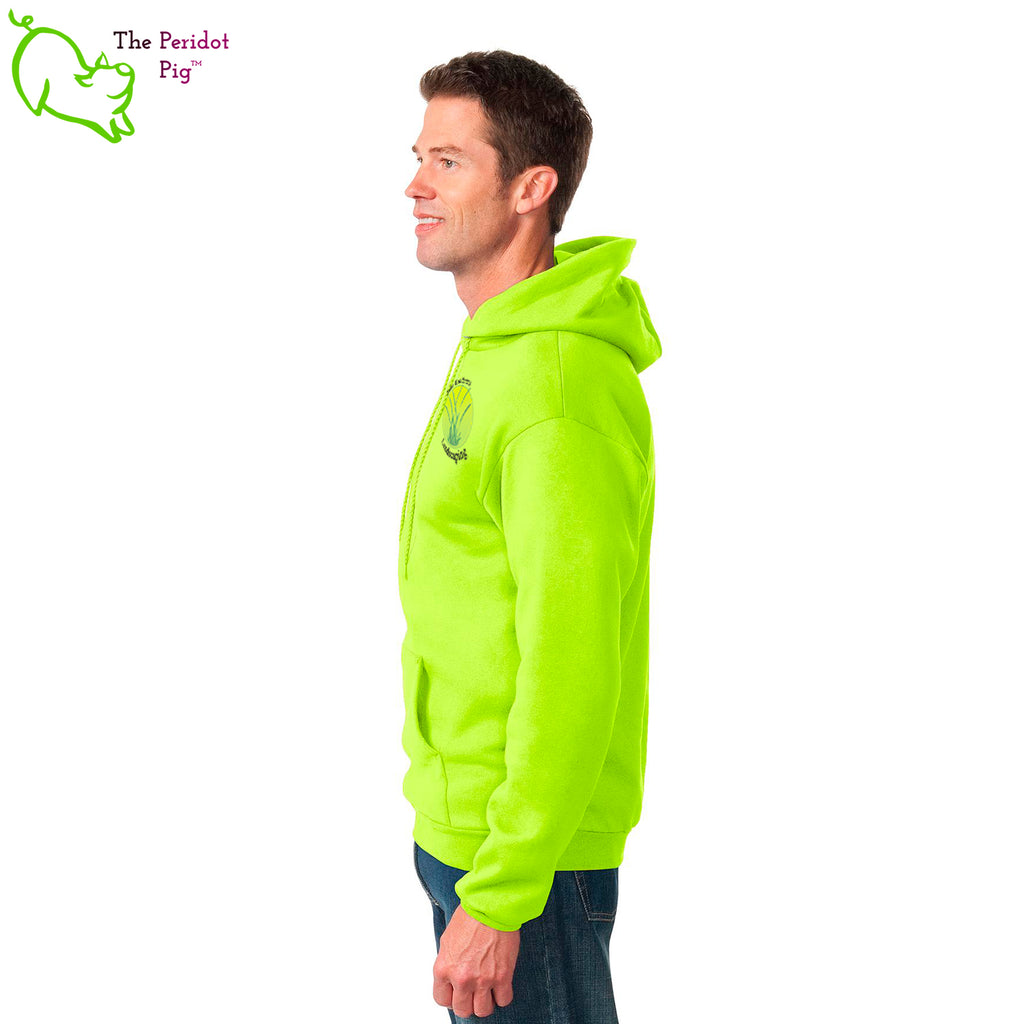 A saftey green long sleeve pullover hoodie featuring the Zako Brothers logo on the left shoulder area. A larger version of the logo is printed on the back. Left side view.