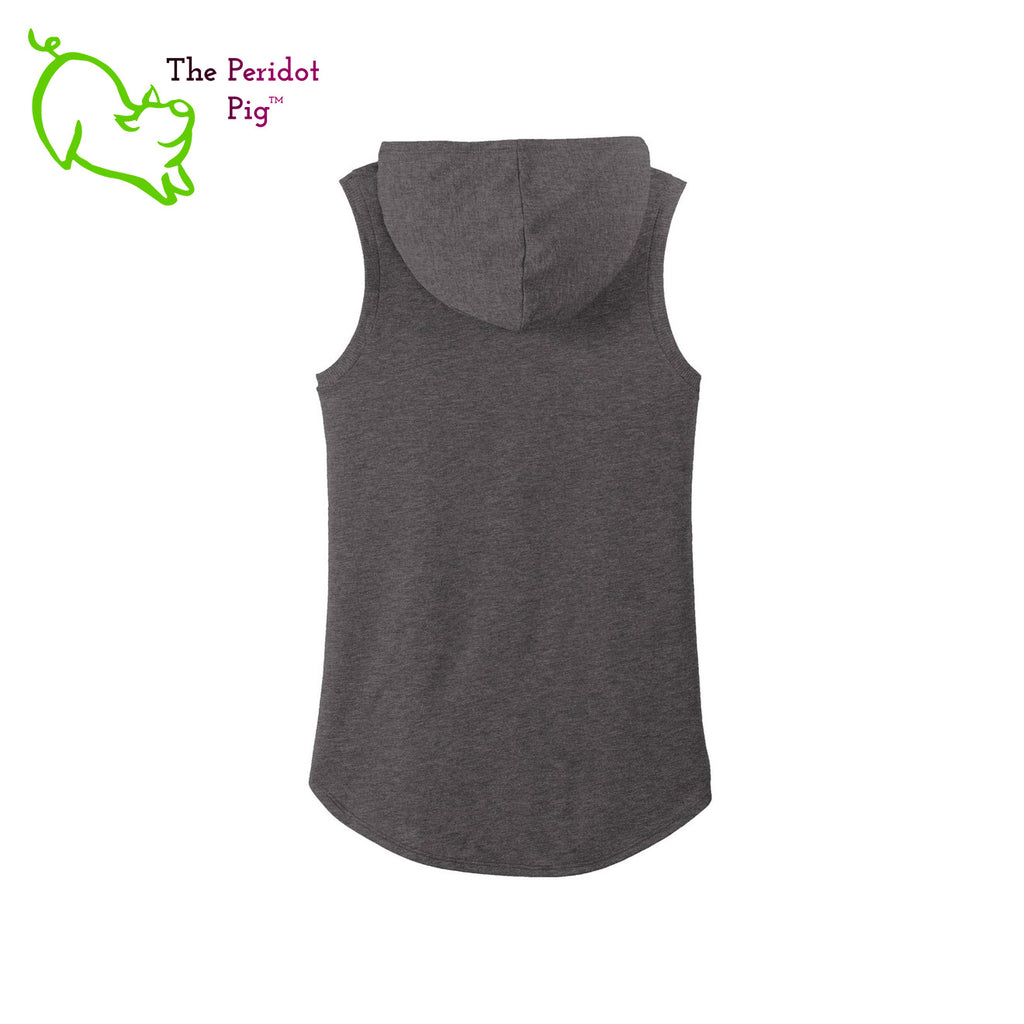 This sweet little hoodie tank is super soft, lightweight, and form-fitting (but not too tight in the mid-section) with a flattering cut. The arm holes have a finished rib knit edging. The front features Kristin Zako's logo and the back is blank. Back view in gray.