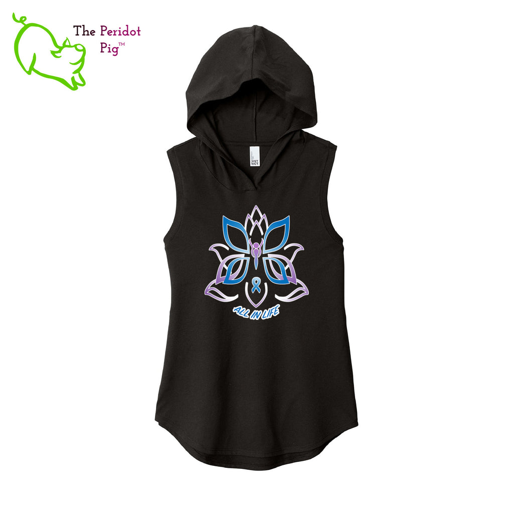 This sweet little hoodie tank is super soft, lightweight, and form-fitting (but not too tight in the mid-section) with a flattering cut. The arm holes have a finished rib knit edging. The front features Kristin Zako's logo and the back is blank. Front view in black.