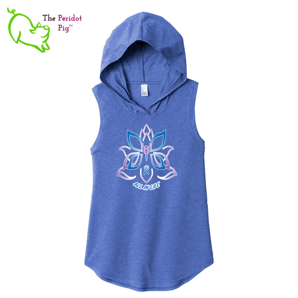 This sweet little hoodie tank is super soft, lightweight, and form-fitting (but not too tight in the mid-section) with a flattering cut. The arm holes have a finished rib knit edging. The front features Kristin Zako's logo and the back is blank. Front view in blue.