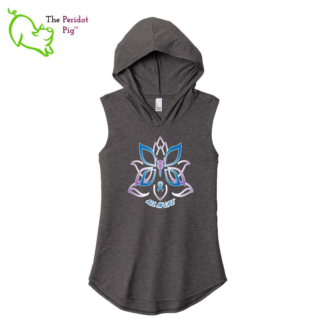This sweet little hoodie tank is super soft, lightweight, and form-fitting (but not too tight in the mid-section) with a flattering cut. The arm holes have a finished rib knit edging. The front features Kristin Zako's logo and the back is blank. Front view in gray.