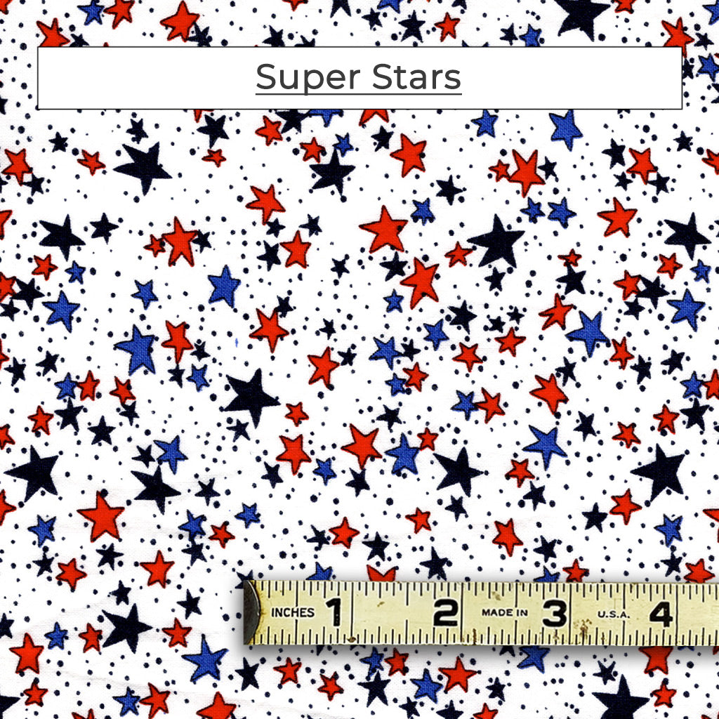 The Super Stars fabric pattern is perfect for letting that particular person in your life know how great you think they are. Full of whimsical stars in red, blue and black set on a white background.