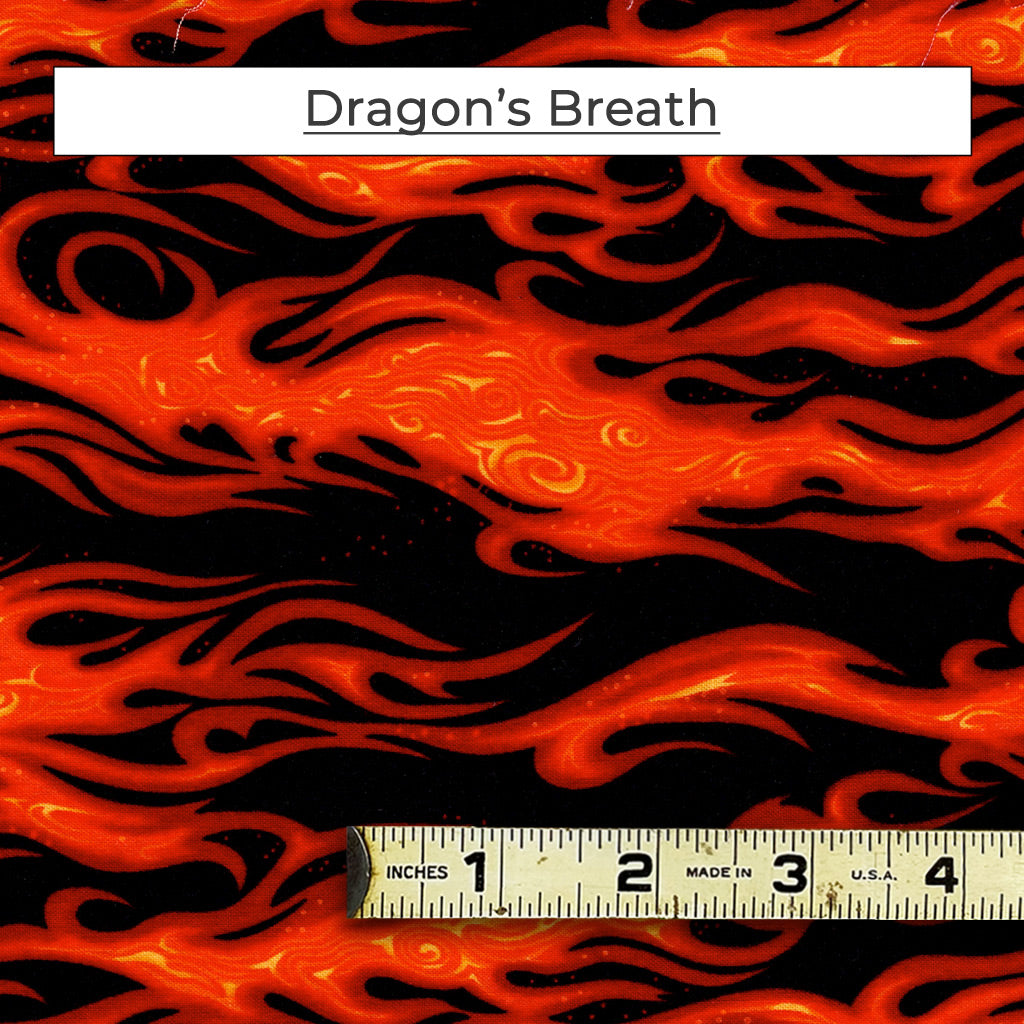 A mixed color fabric with horizontal orange and red flames called Dragon's Breath
