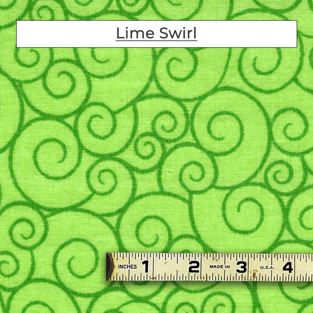 The pattern has dark green scrolls on a peridot green background. It reads as lime green from a distance.