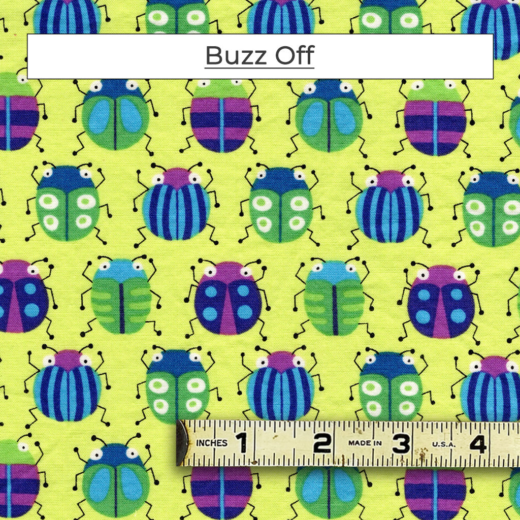 Cute little bugs with squiggly legs and in fun colors! Lime green with blue and purple. Called Buzz Off.