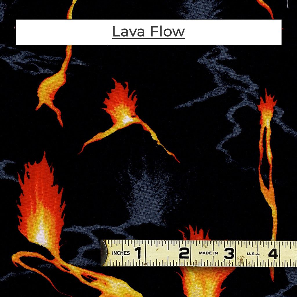 A mixed color fabric with orange and yellow lava flows on a black background. Called Lava Flow