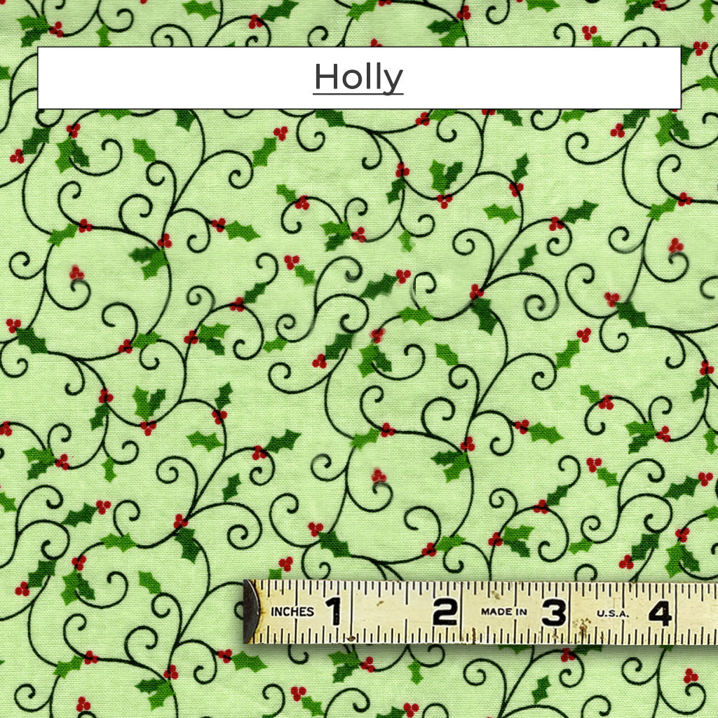 This Holly pattern can easily outlast the holiday season.  Delicate scrolls with tiny holly leaves and berries on a light green background.
