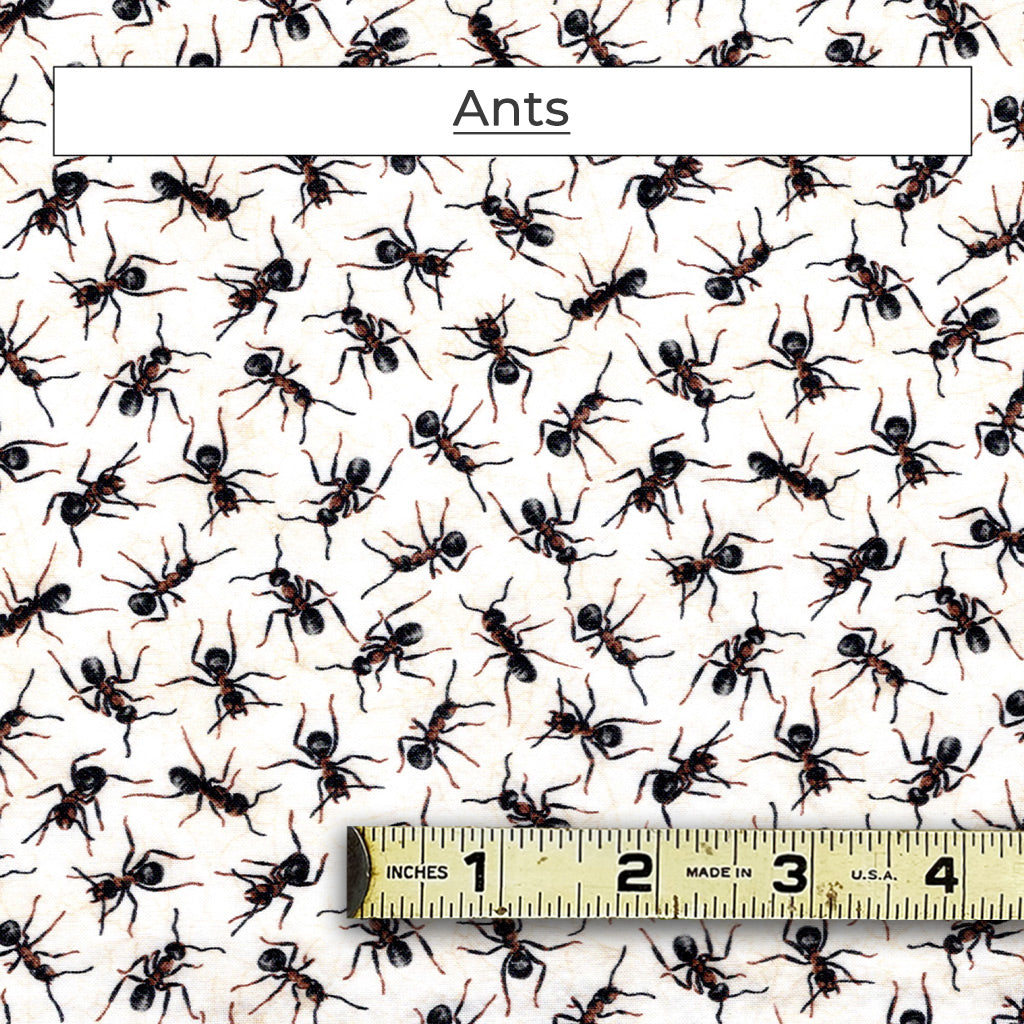 A fabric pattern covered in ants on a yellow/white background. Called Ants