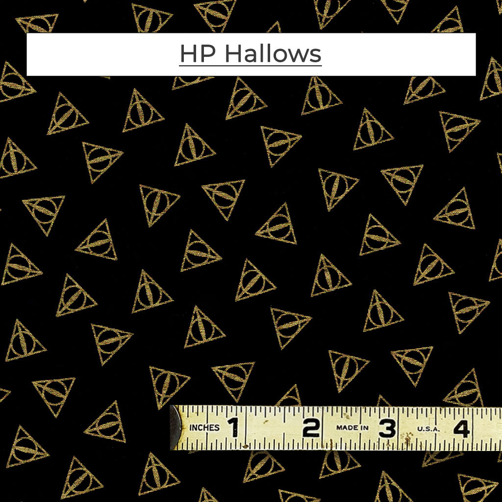 A black and metallic gold pattern of Harry Potter Deathly Hallows symbols.