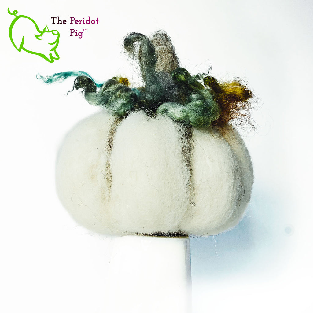 Just in time for the Halloween season, we're offering these one-of-a-kind pumpkins.  We call them PolterPumpkins due to their ghostly, grotesque inspired faces. Each one is unique and hand-made from needle felted 100% wool. The pumpkin measures about 4-5" wide and around 4-5" tall.  The body is crafted in white wool with the face in a stony gray. Multi-color locks simulate a little vine growth at the top. Back view - Patrick.