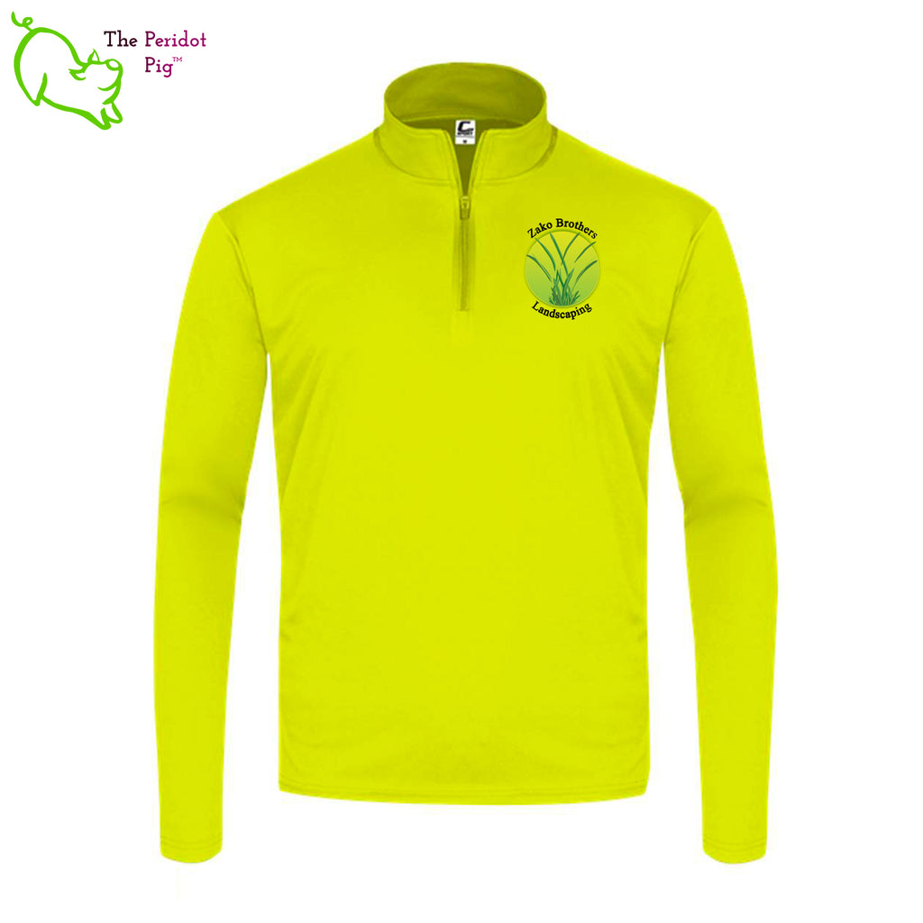A saftey green long sleeve quarter-zip shirt featuring the Zako Brothers logo on the left shoulder area. Front view.