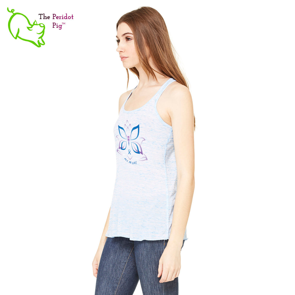 This racerback tank is super soft, lightweight, and form-fitting (but not too tight in the mid-section) with a flattering cut and raw edge seams for an edgy touch. The front features Kristin Zako's logo and the back is blank. Blue marble side view.