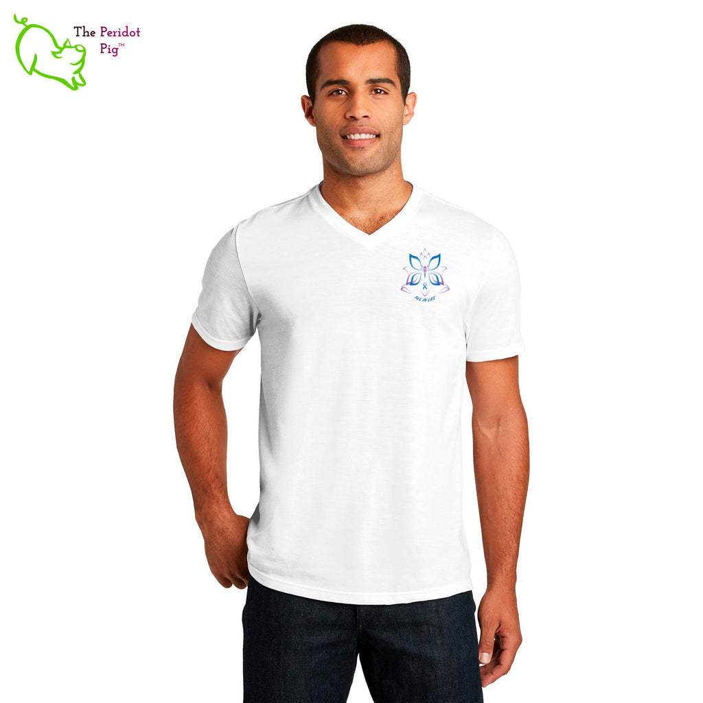 This unisex tee has a classic v-neck cut and fits like a well-loved favorite. The front design shows a small version of Kristin Zako's logo in bright blue and purple on the left shoulder. The back has a larger version of the image. Front view.