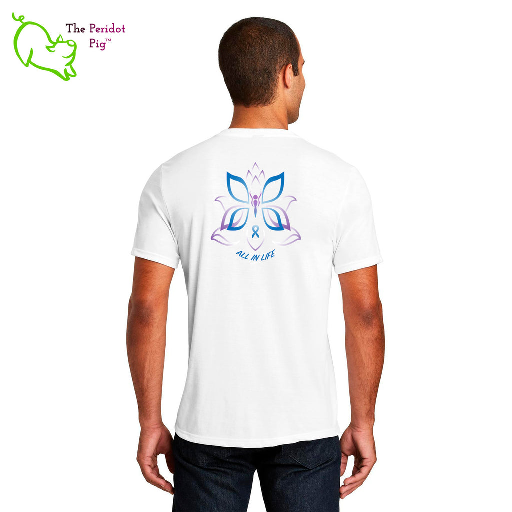 This unisex tee has a classic v-neck cut and fits like a well-loved favorite. The front design shows a small version of Kristin Zako's logo in bright blue and purple on the left shoulder. The back has a larger version of the image. Back view.