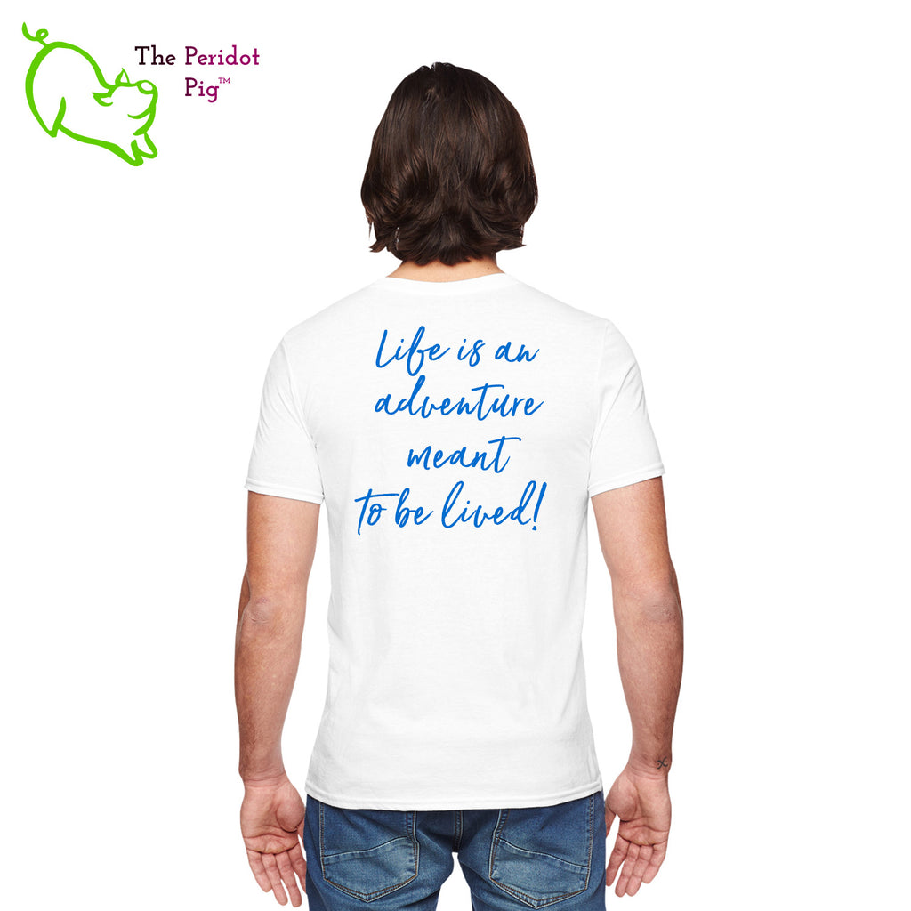 This unisex tee has a classic crew neck cut and fits like a well-loved favorite. The shirt is super soft with a cotton feel. The front design shows a Kristin Zako's All in Life logo in bright blue and purple. The back has the saying, "Life is an adventure meant to be lived". Back view
