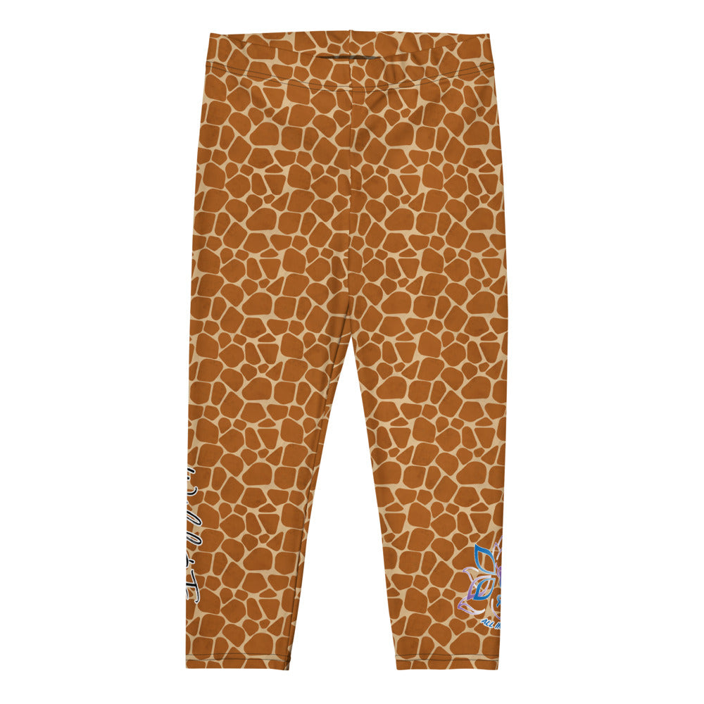 Kristin Zako embodies the "Wild & Free" spirit of her print capri leggings. These are printed in vivid color with a stylized cheetah print. The words, "WILD & FREE" are down the right leg and you'll find Kristin's logo on the lower left leg. Giraffe style - flat view.