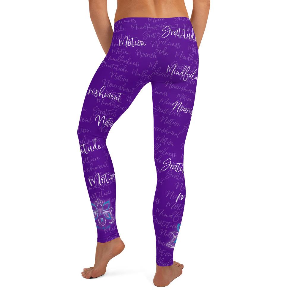 It's hard to compete with Kristin's dino leggings but these might do it! Filled with her four pillars phrases and topped off with her logo on each ankle. Shown in purple, back view.
