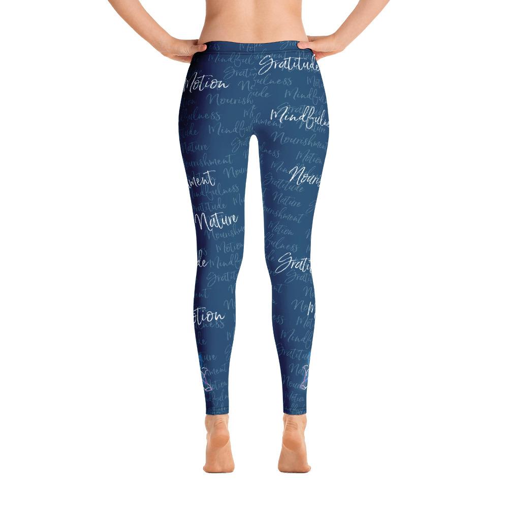 It's hard to compete with Kristin's dino leggings but these might do it! Filled with her four pillars phrases and topped off with her logo on each ankle. Shown in blue, back view.