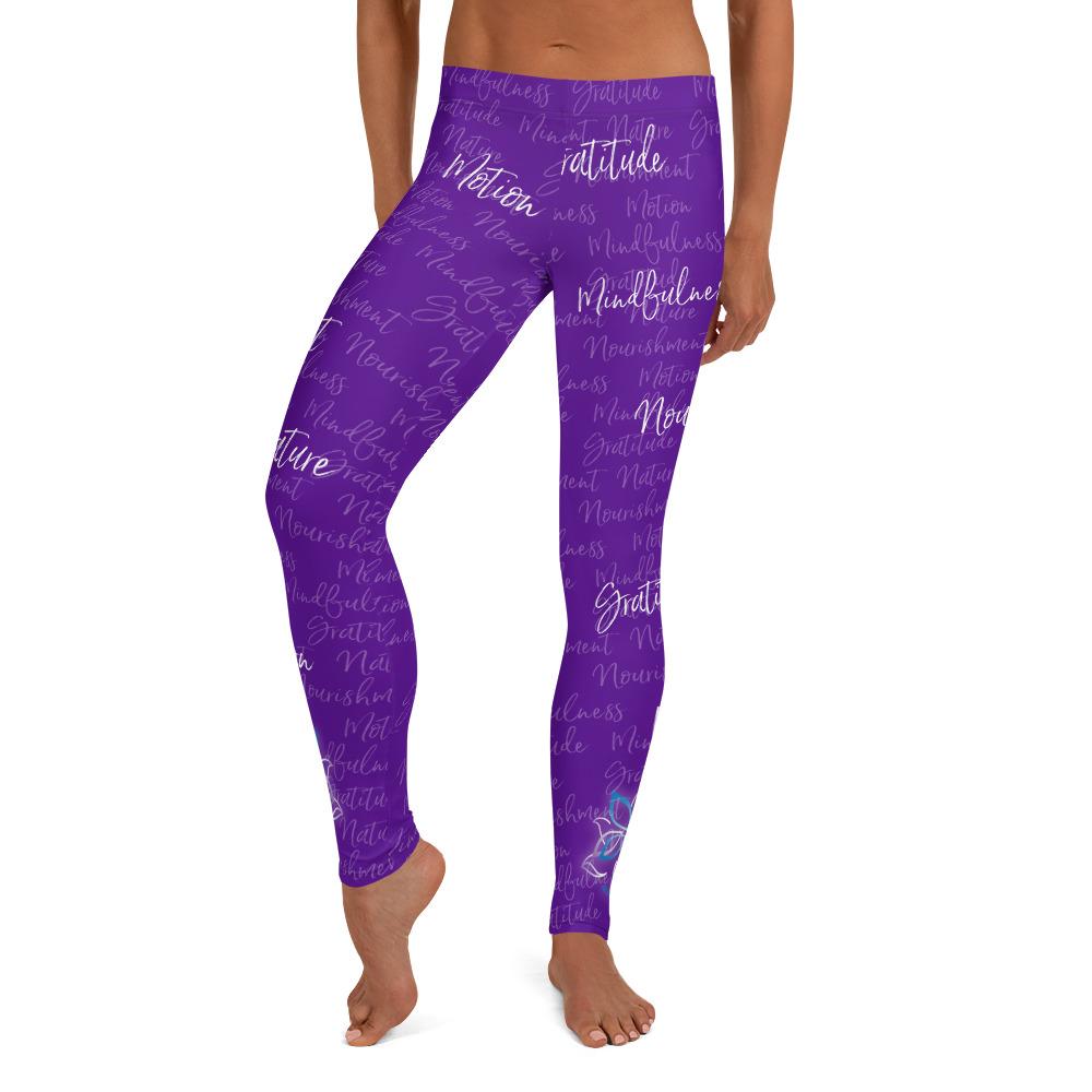 It's hard to compete with Kristin's dino leggings but these might do it! Filled with her four pillars phrases and topped off with her logo on each ankle. Shown in purple, front view.