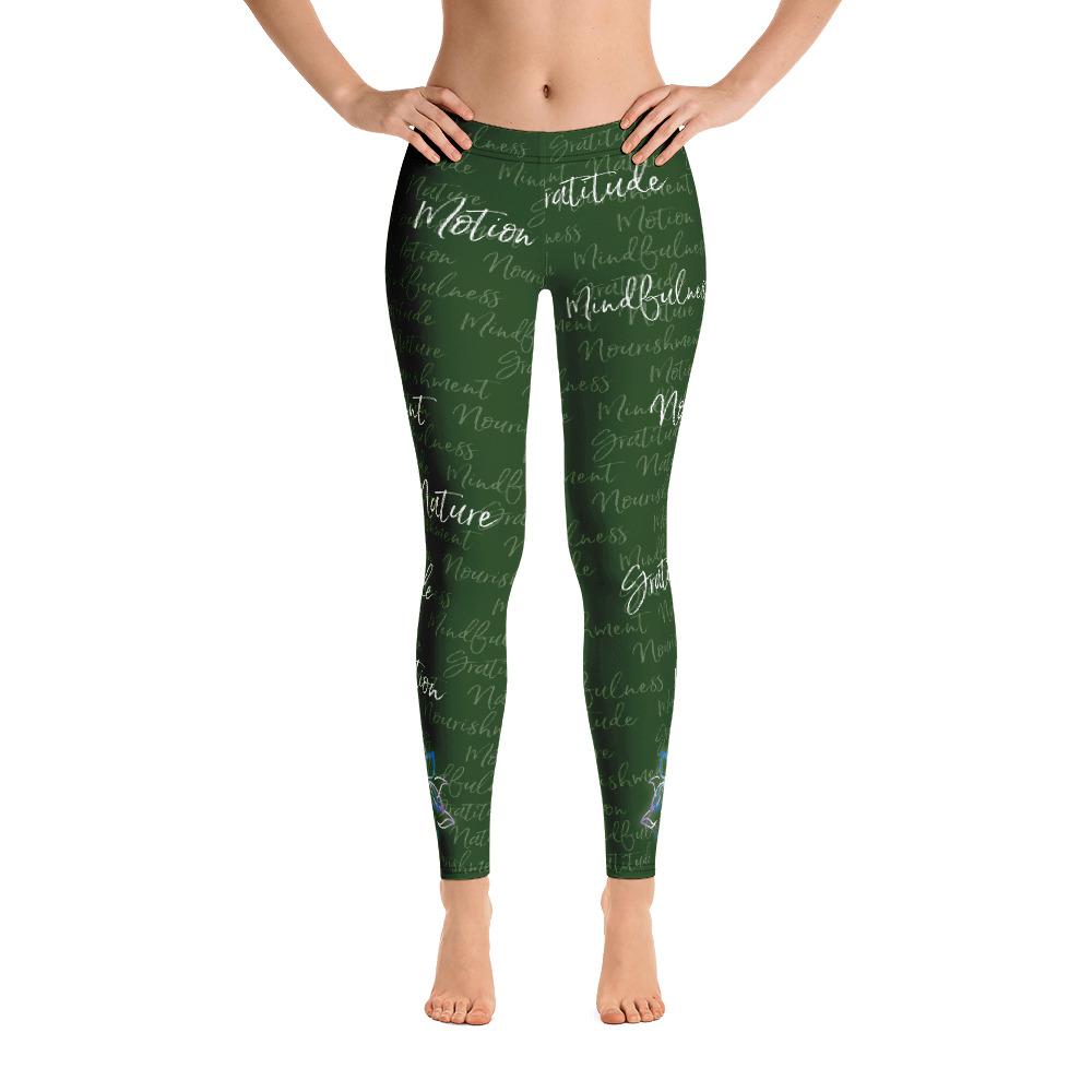 It's hard to compete with Kristin's dino leggings but these might do it! Filled with her four pillars phrases and topped off with her logo on each ankle. Shown in green, front view.
