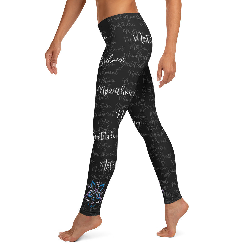It's hard to compete with Kristin's dino leggings but these might do it! Filled with her four pillars phrases and topped off with her logo on each ankle. Shown in black, left side view.