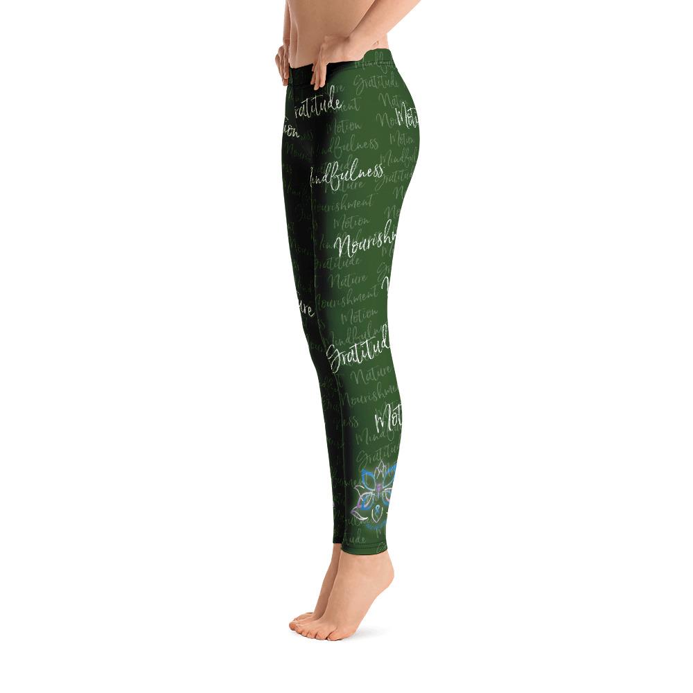 It's hard to compete with Kristin's dino leggings but these might do it! Filled with her four pillars phrases and topped off with her logo on each ankle. Shown in green, left side view.