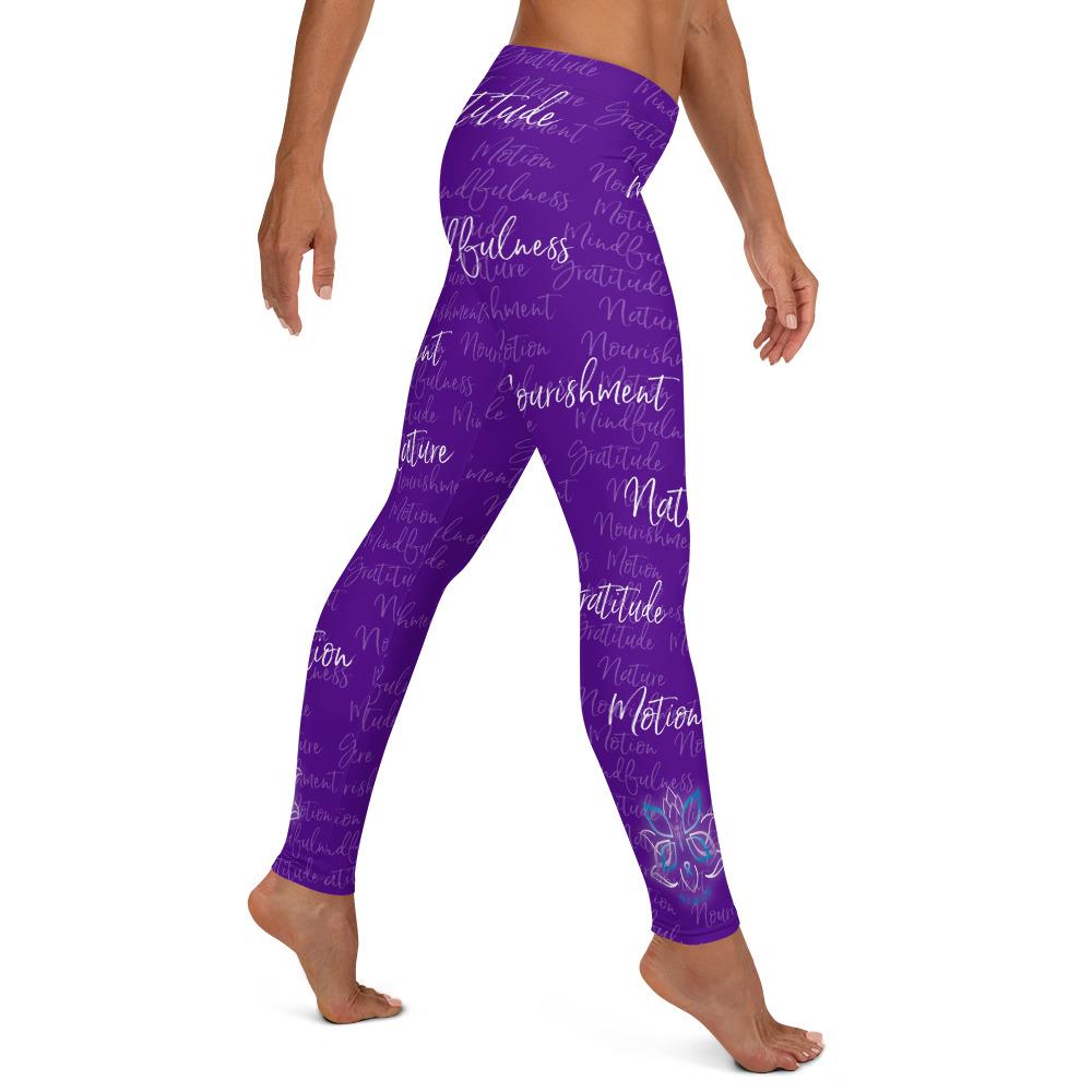 It's hard to compete with Kristin's dino leggings but these might do it! Filled with her four pillars phrases and topped off with her logo on each ankle. Shown in purple, right side view.
