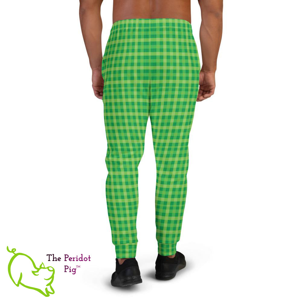 Caution - these sweats will make you stand out in a crowd! Make your workouts more memorable with these cotton blend Irish plaid joggers. Back view on a male model.