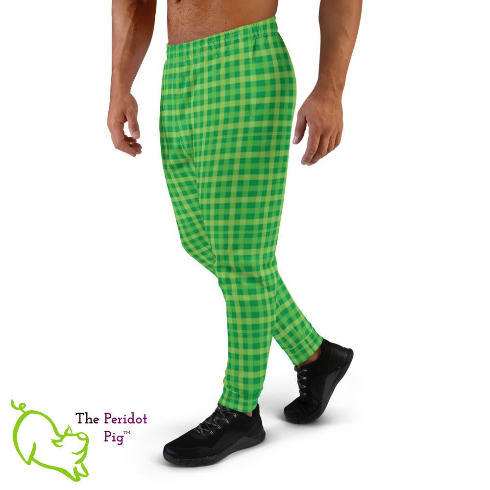 Caution - these sweats will make you stand out in a crowd! Make your workouts more memorable with these cotton blend Irish plaid joggers. Left view on a male model.