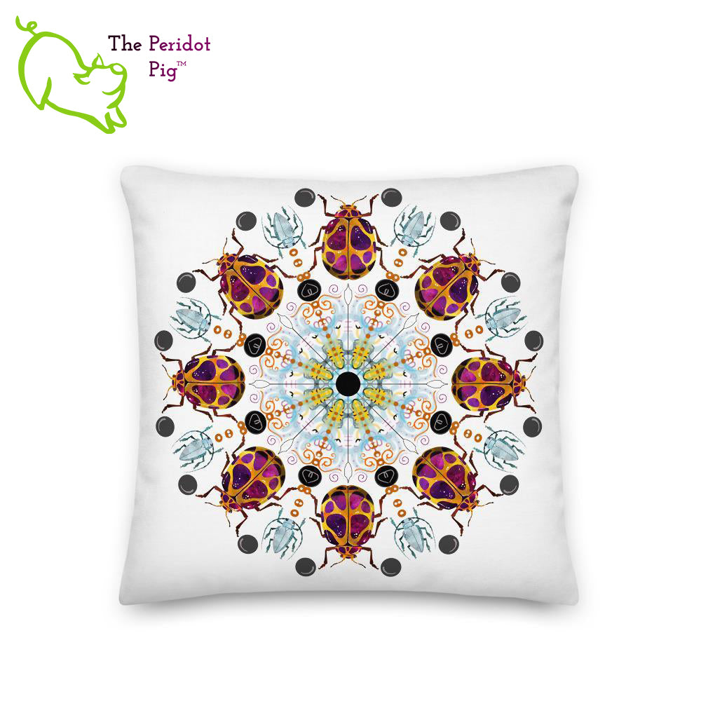 A colorful mandala of beetles graces this white pillow. The larger beetle has shades of violet surrounded by gold. The smaller beetle is in a delicate shade of blue. Printed on a bright, white casing these bugs really pop! Shown in size 18"x18".