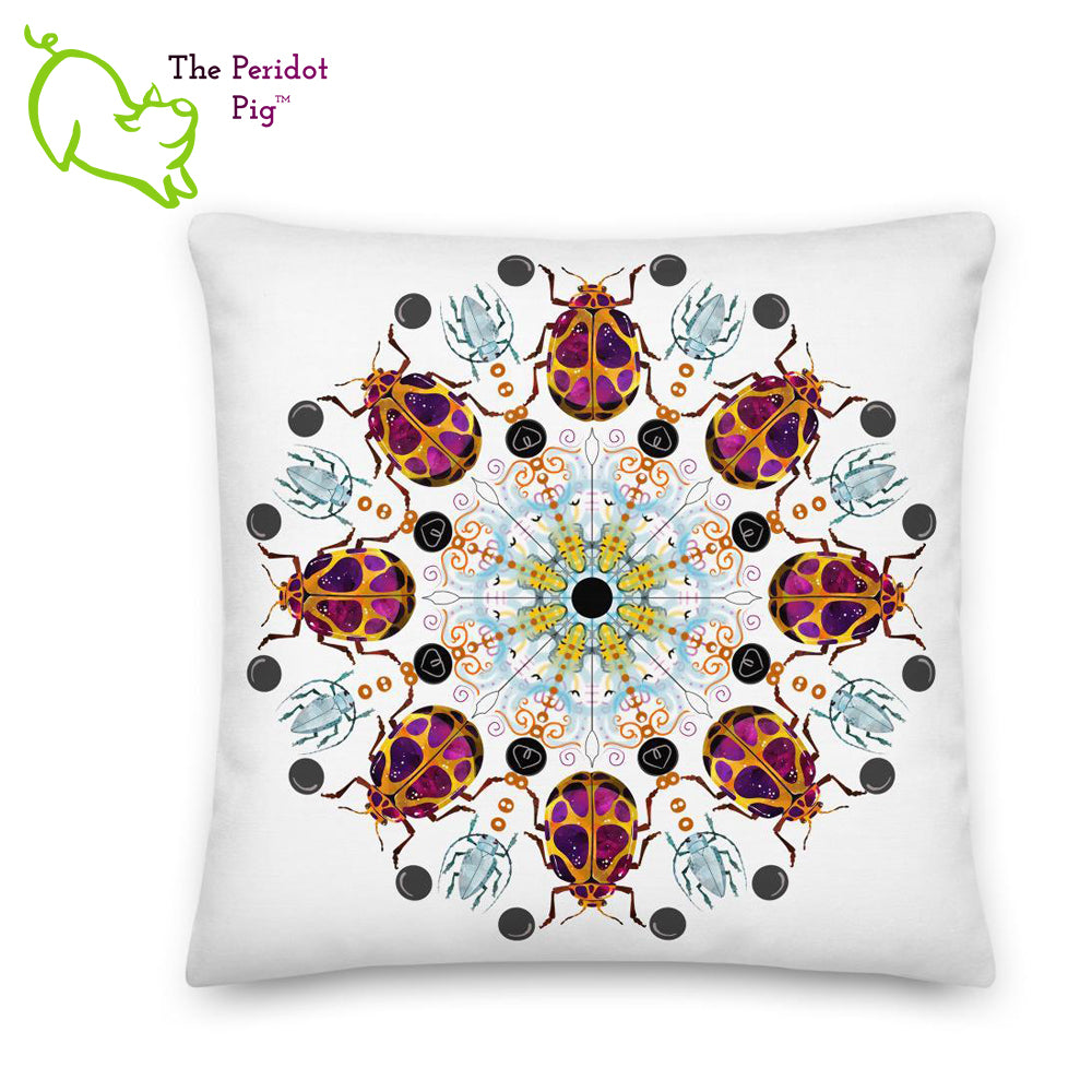 A colorful mandala of beetles graces this white pillow. The larger beetle has shades of violet surrounded by gold. The smaller beetle is in a delicate shade of blue. Printed on a bright, white casing these bugs really pop! Shown in size 22"x22".