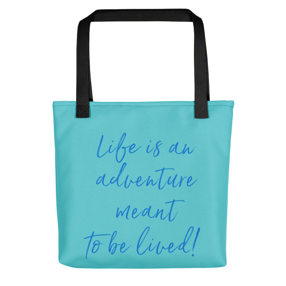 A spacious and trendy tote bag to help you carry around everything while reminding you that "Life is an adventure meant to be lived". These totes are very sturdy and feature an allover print with Kristin Zako's Logo on the front and the adventure phrase on the back. Back view shown in Teal.