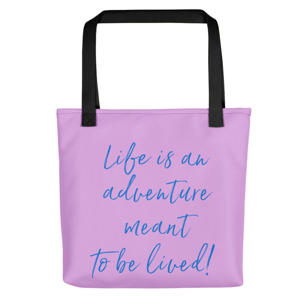 A spacious and trendy tote bag to help you carry around everything while reminding you that "Life is an adventure meant to be lived". These totes are very sturdy and feature an allover print with Kristin Zako's Logo on the front and the adventure phrase on the back. Back view shown in Purple.
