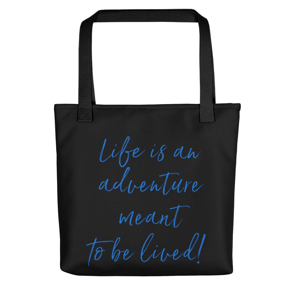 A spacious and trendy tote bag to help you carry around everything while reminding you that "Life is an adventure meant to be lived". These totes are very sturdy and feature an allover print with Kristin Zako's Logo on the front and the adventure phrase on the back. Back view shown in Black.