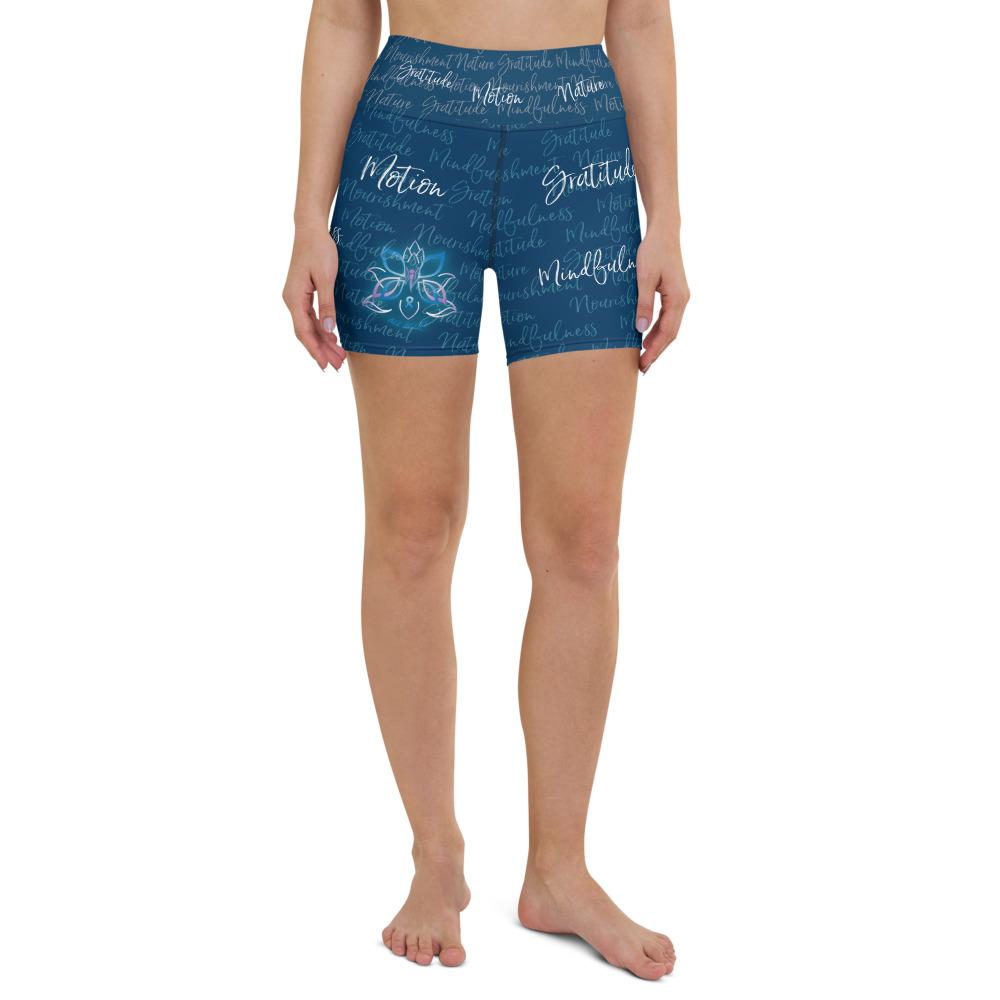 These yoga shorts have a body-flattering fit that will make you feel super comfortable even during the most intense workouts. They come with a high waistband and are made from soft microfiber yarn. The Kristin Zako print is filled with her four pillars phrases and topped off with her logo on the front right leg. Shown in blue. Front view.