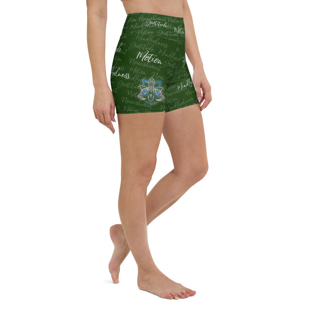 These yoga shorts have a body-flattering fit that will make you feel super comfortable even during the most intense workouts. They come with a high waistband and are made from soft microfiber yarn. The Kristin Zako print is filled with her four pillars phrases and topped off with her logo on the front right leg. Shown in green. Right view.