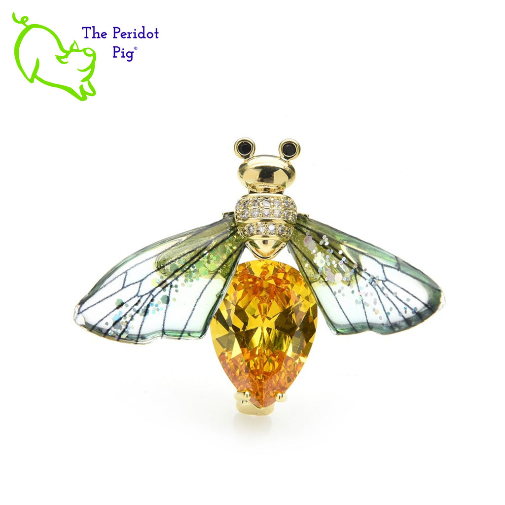 What a blingy bee! These brilliant, cubic zirconia bees are nearly 1.7" wide! They have gold plated bodies and acrylic wings. Sparkly!! Front view with green wings shown.