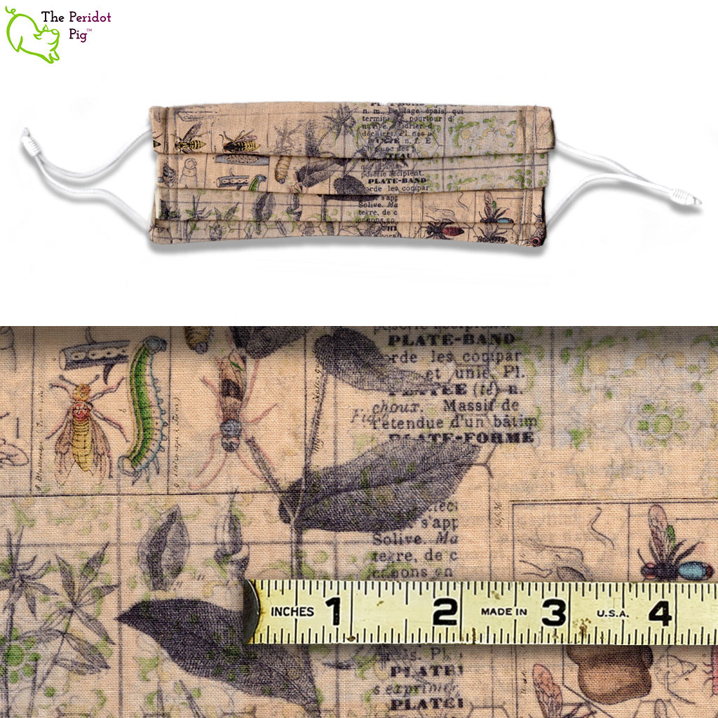 This brown toned fabric has images of insect and plant text from an etymology book. There are bees, wasps, caterpillars and flies shown with various plant samples. Called Bug Study.