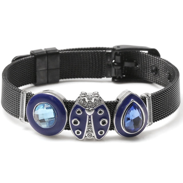 These mesh bracelets are cute enough to make "squeee" noises. They come with a variety of charms that come in different metal colors. There are hearts, rings, stars, ladybugs, unicorns and lots of glam! Gun metal bracelet with ladybug shown.