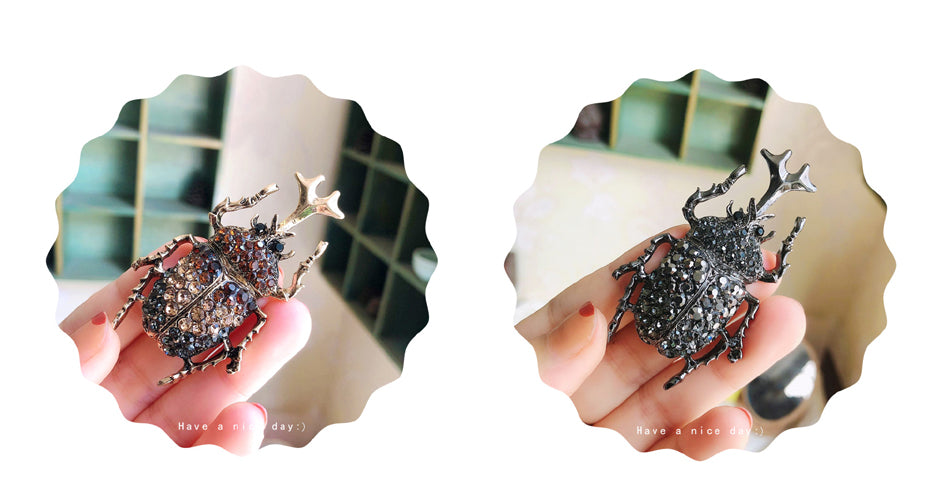 Two images of the rhino beetle being held in a woman's hand.