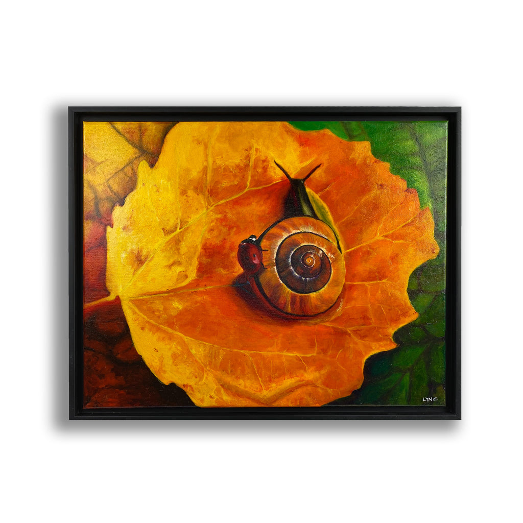 An oil painting by C. Lynn Arnold signed "LYNZ" depicting a lady bug riding on the back of a snail. 