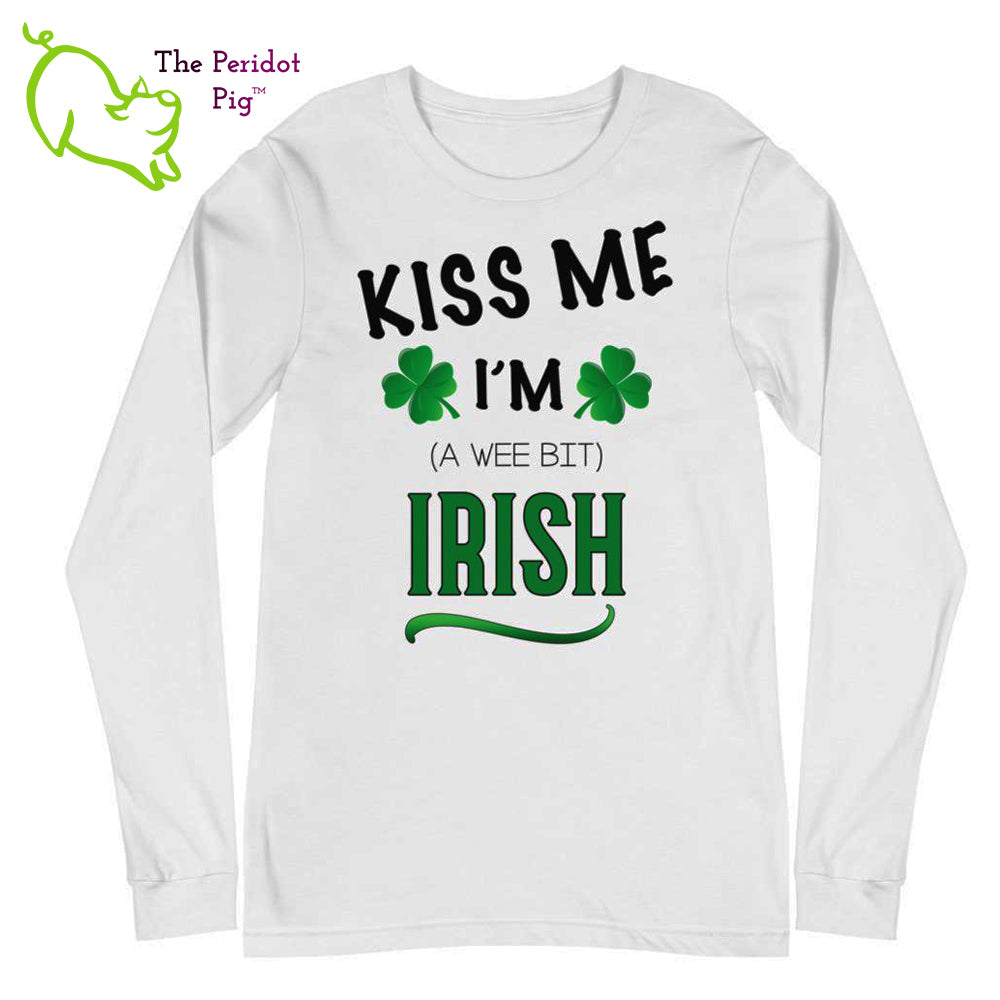 A basic long sleeve t-shirt for your St. Patrick's Day wardrobe! Even if you're stuck in quarantine, it's good for a laugh on the next Zoom call. The vibrant print is on the front of the shirt. Front flat view.